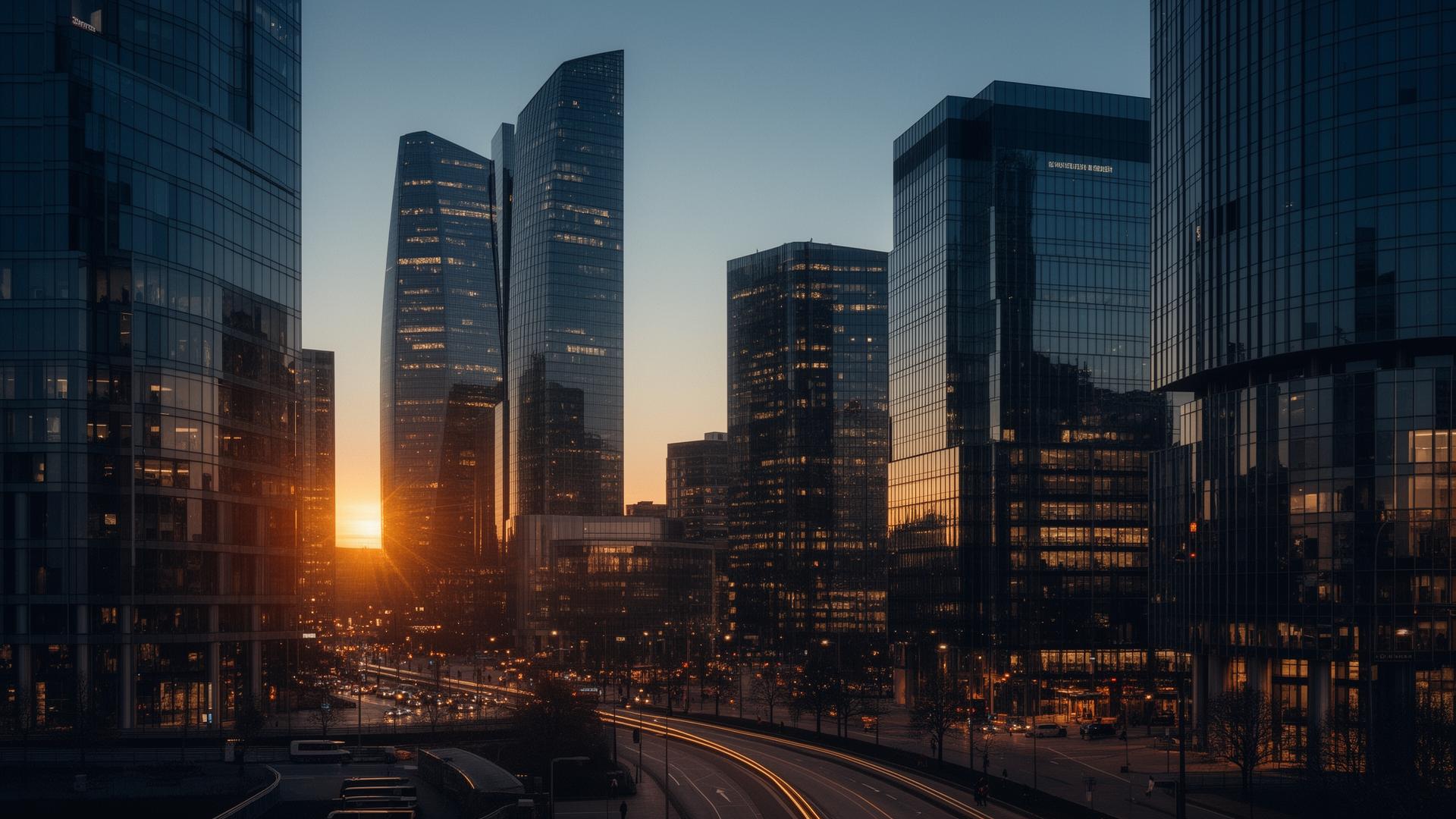 European corporate financial district at dusk